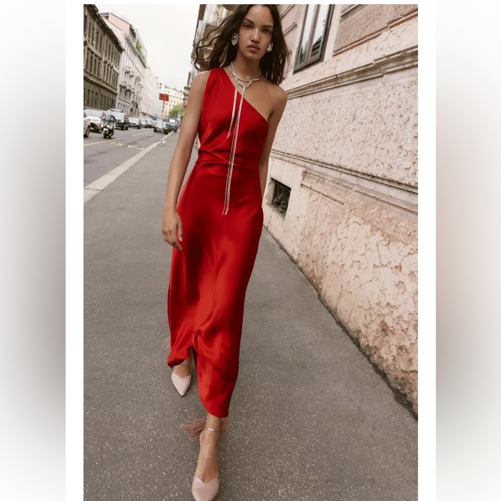 ZARA ASYMMETRIC SATIN EFFECT MIDI DRESS RED XS